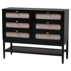 Juego de dormitorio de 5 piezas Baxton Studio Shirin de tela beige y madera negra, tamaño Queen, estilo de mediados de siglo