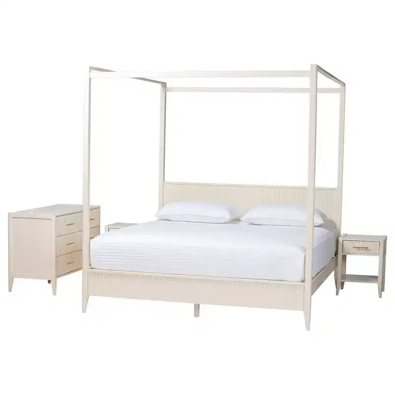 Juego de dormitorio con dosel de 4 piezas Baxton Studio Primrose, de madera acanalada color marfil, estilo Mid-Century