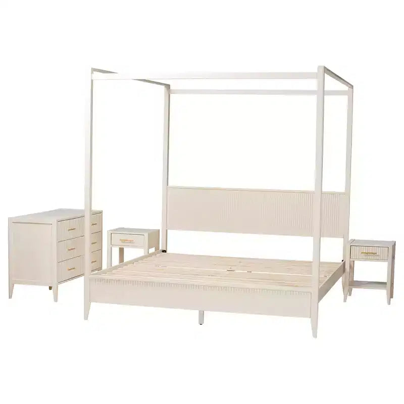 Juego de dormitorio con dosel de 4 piezas Baxton Studio Primrose, de madera acanalada color marfil, estilo Mid-Century