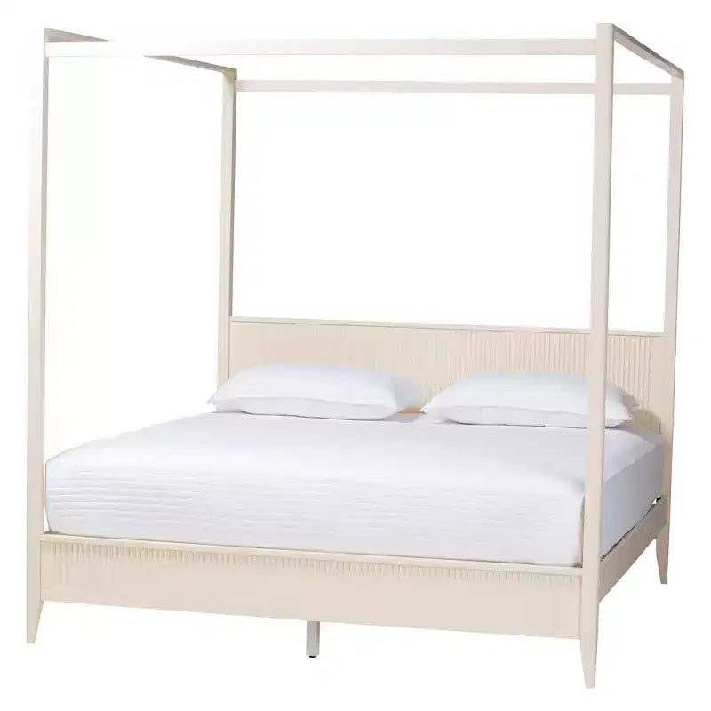 Juego de dormitorio con dosel de 4 piezas Baxton Studio Primrose, de madera acanalada color marfil, estilo Mid-Century