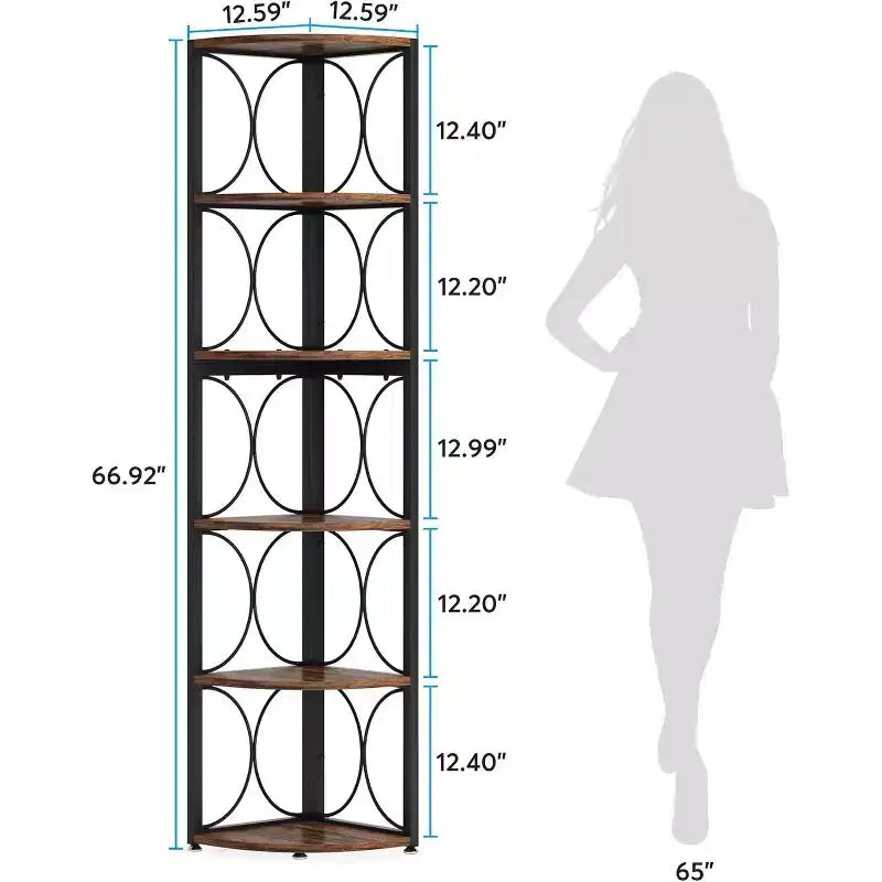 Estantería esquinera alta Lantine de 66.92 pulgadas, estantería de 6 niveles rústica para libros y almacenamiento