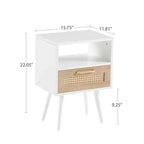 MAYEERTY - Mesa auxiliar de ratán con cajón y patas de madera maciza, mesa auxiliar para sala de estar, dormitorio, color blanco