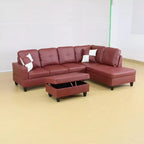Elegante sofá seccional de piel sintética roja - Diseño en forma de L, cojines afelpados, otomana de almacenamiento, muebles modernos para sala de estar