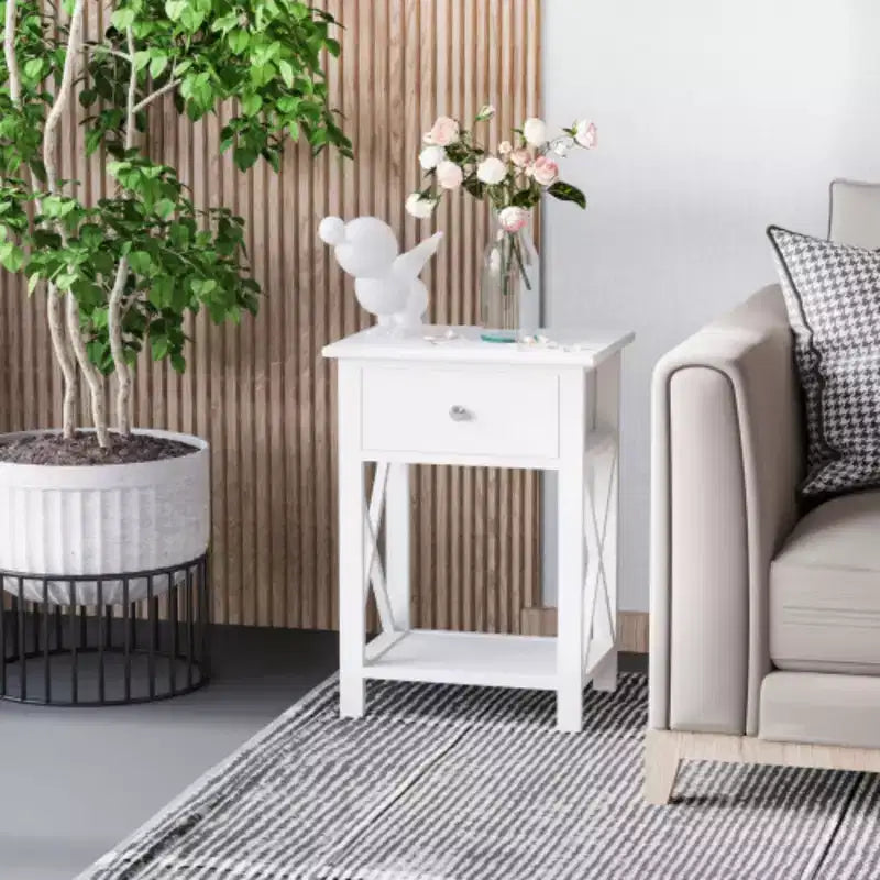 Side Table, Farmhouse End Table with Storage Drawer, Open Shelf and X-frame, Bedside Table for Living Room, White