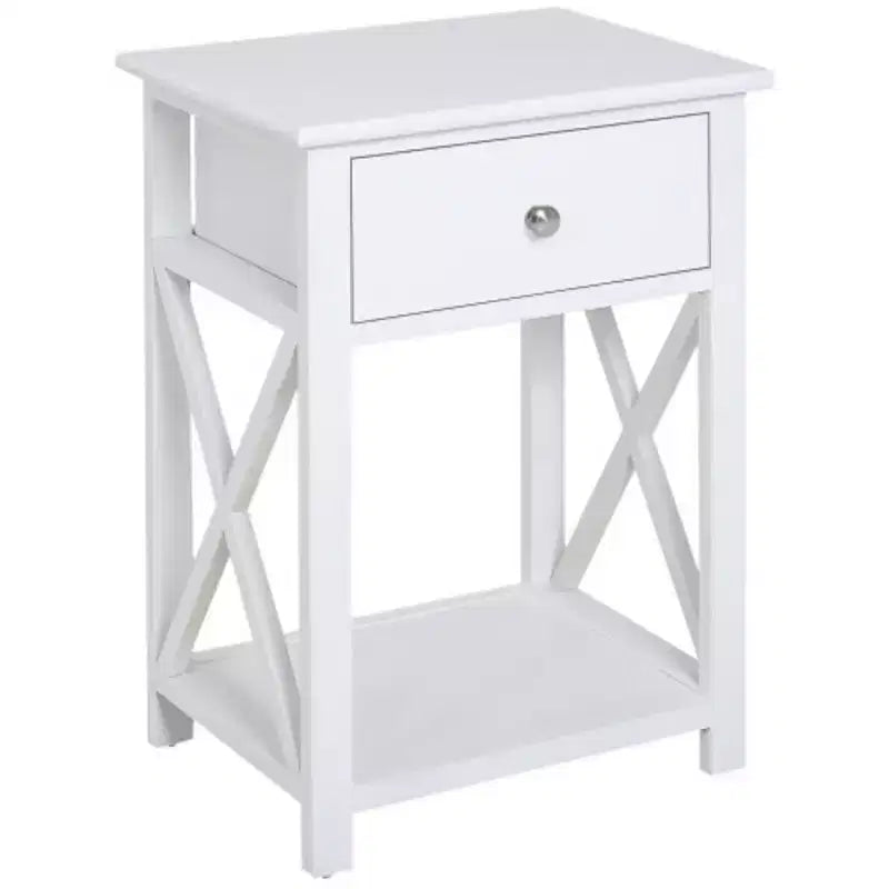 Mesa auxiliar, mesa auxiliar de granja con cajón de almacenamiento, estante abierto y estructura en X, mesita de noche para sala de estar, blanco