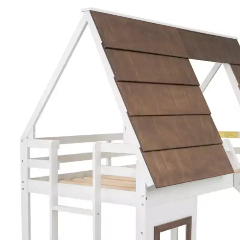 Litera doble de madera con forma de casa, con techo, escalera y tobogán, blanco+marrón