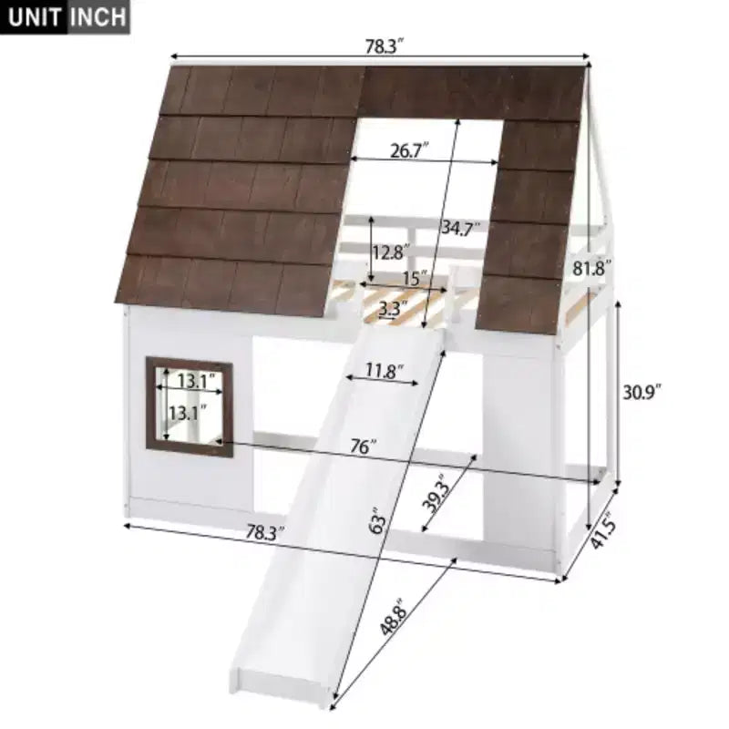 Litera doble de madera con forma de casa, con techo, escalera y tobogán, blanco+marrón
