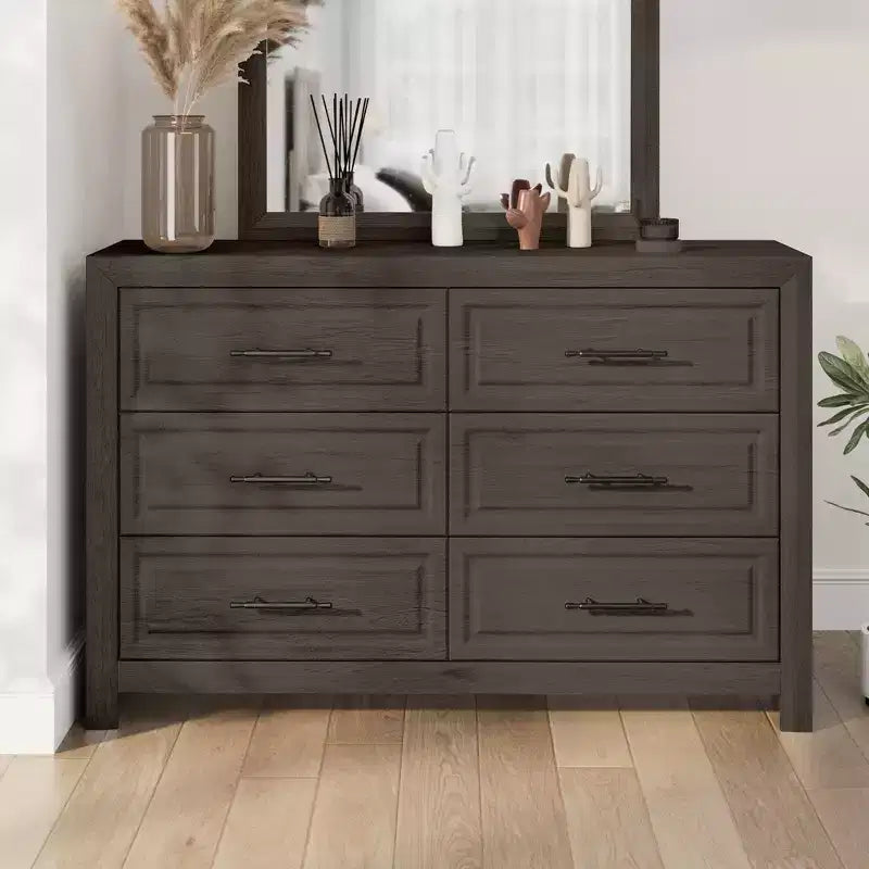 Juego de dormitorio de muebles de 5 piezas de madera natural antigua tamaño Queen - Cama, 2 cómodas, espejo y mesita de noche