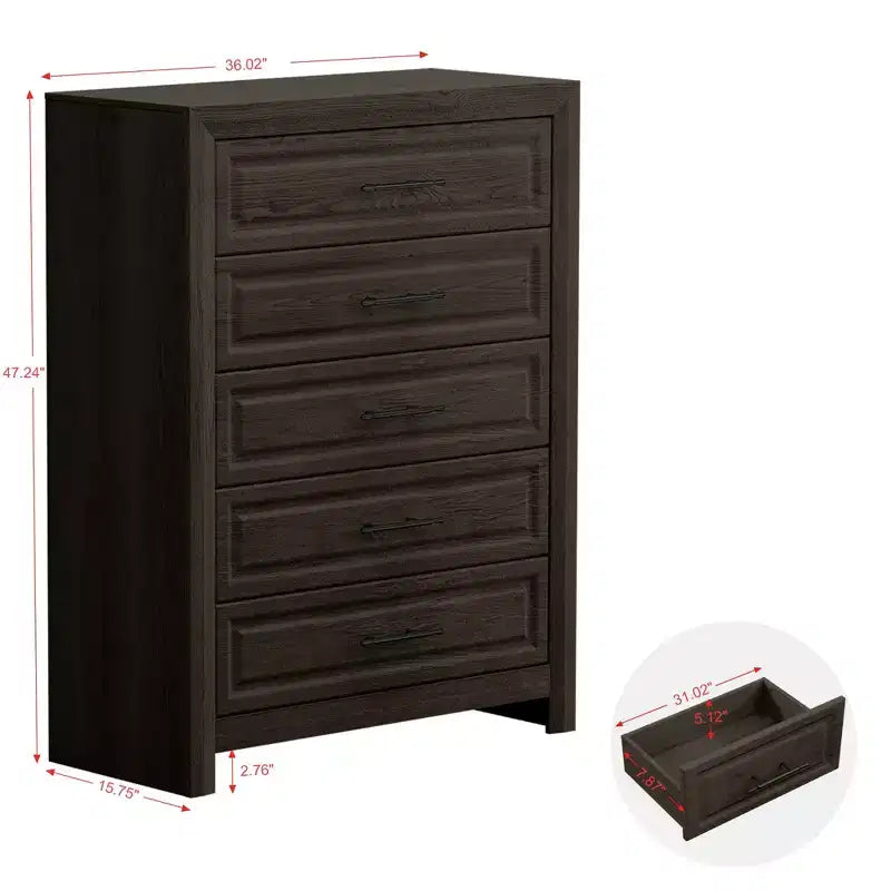 Juego de dormitorio de muebles de 5 piezas de madera natural antigua tamaño Queen - Cama, 2 cómodas, espejo y mesita de noche