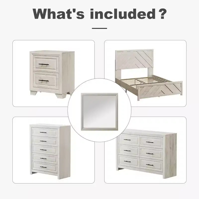 Juego de dormitorio de muebles de 5 piezas de madera natural antigua tamaño Queen - Cama, 2 cómodas, espejo y mesita de noche