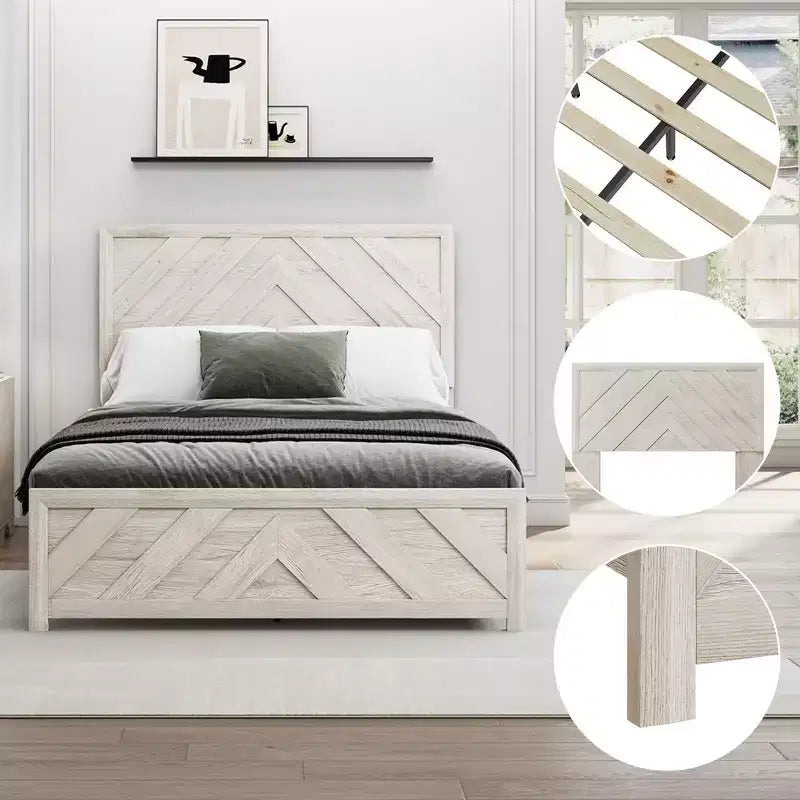 Juego de dormitorio de muebles de 5 piezas de madera natural antigua tamaño Queen - Cama, 2 cómodas, espejo y mesita de noche