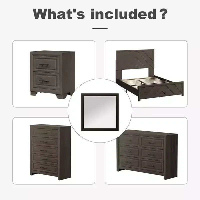Juego de dormitorio de muebles de 5 piezas de madera natural antigua tamaño Queen - Cama, 2 cómodas, espejo y mesita de noche