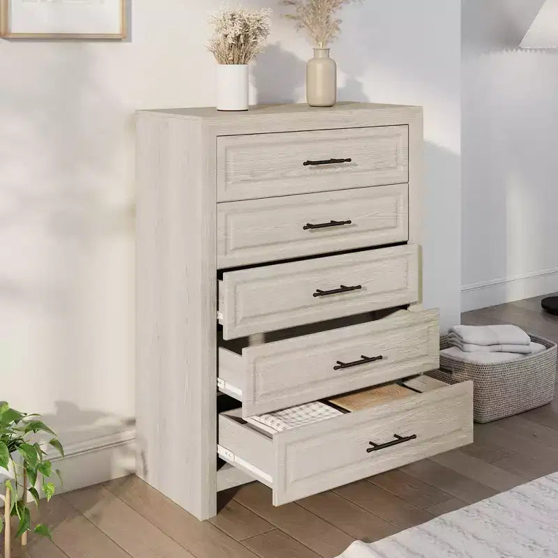 Juego de dormitorio de muebles de 5 piezas de madera natural antigua tamaño Queen - Cama, 2 cómodas, espejo y mesita de noche