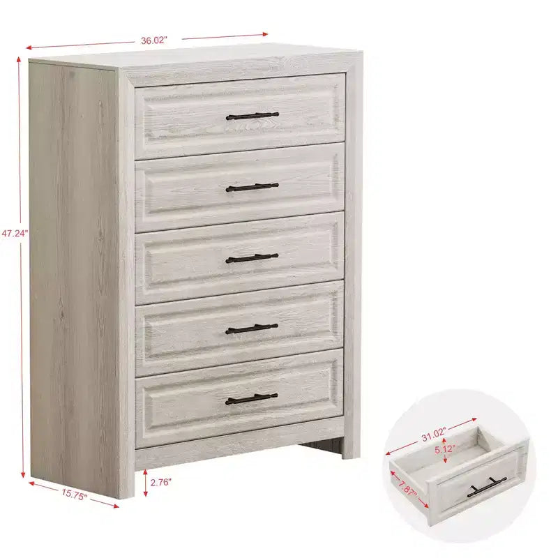 Juego de dormitorio de muebles de 5 piezas de madera natural antigua tamaño Queen - Cama, 2 cómodas, espejo y mesita de noche