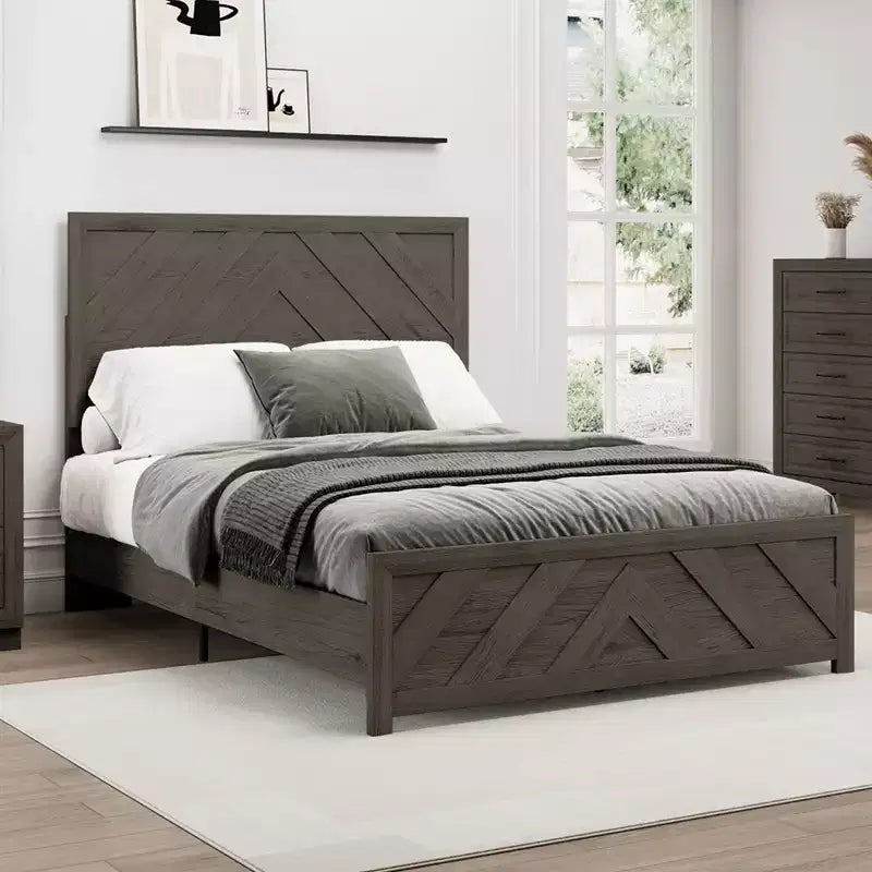 Juego de dormitorio de muebles de 5 piezas de madera natural antigua tamaño Queen - Cama, 2 cómodas, espejo y mesita de noche