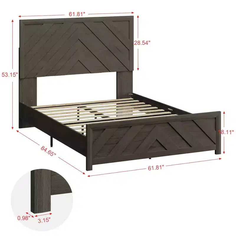 Juego de dormitorio de muebles de 5 piezas de madera natural antigua tamaño Queen - Cama, 2 cómodas, espejo y mesita de noche