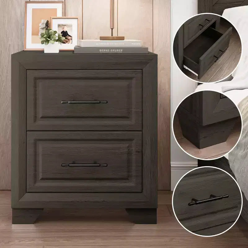 Juego de dormitorio de muebles de 5 piezas de madera natural antigua tamaño Queen - Cama, 2 cómodas, espejo y mesita de noche
