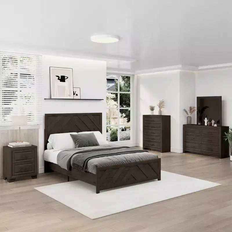 Juego de dormitorio de muebles de 5 piezas de madera natural antigua tamaño Queen - Cama, 2 cómodas, espejo y mesita de noche