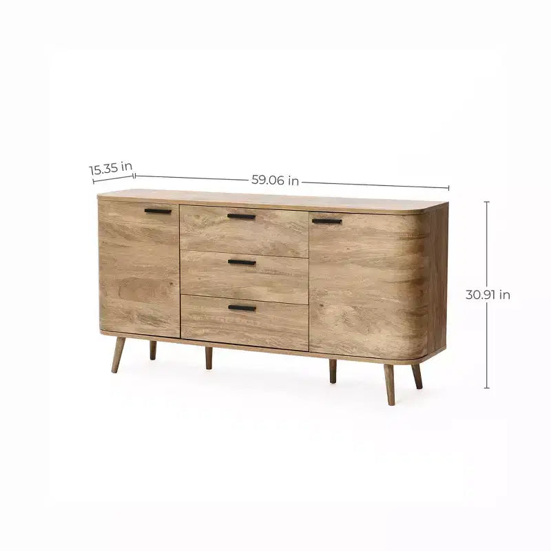 LuxenHome Aparador Alacena con Almacenamiento, Gabinete Consola de Acabado en Roble Natural de Madera Manufacturada de 59'' de Ancho con 2 Puertas y 3 Cajones