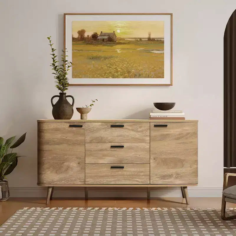 LuxenHome Aparador Alacena con Almacenamiento, Gabinete Consola de Acabado en Roble Natural de Madera Manufacturada de 59'' de Ancho con 2 Puertas y 3 Cajones