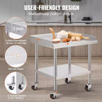 Mesa de trabajo de acero inoxidable VEVOR, mesa de trabajo de preparación de alimentos comercial de 24 x 28 x 30 pulgadas con 4 ruedas, ruedas giratorias, mesa de trabajo de preparación resistente con salpicadero de 3 lados