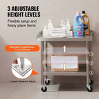 Mesa de trabajo de acero inoxidable VEVOR, mesa de trabajo de preparación de alimentos comercial de 24 x 28 x 30 pulgadas con 4 ruedas, ruedas giratorias, mesa de trabajo de preparación resistente con salpicadero de 3 lados