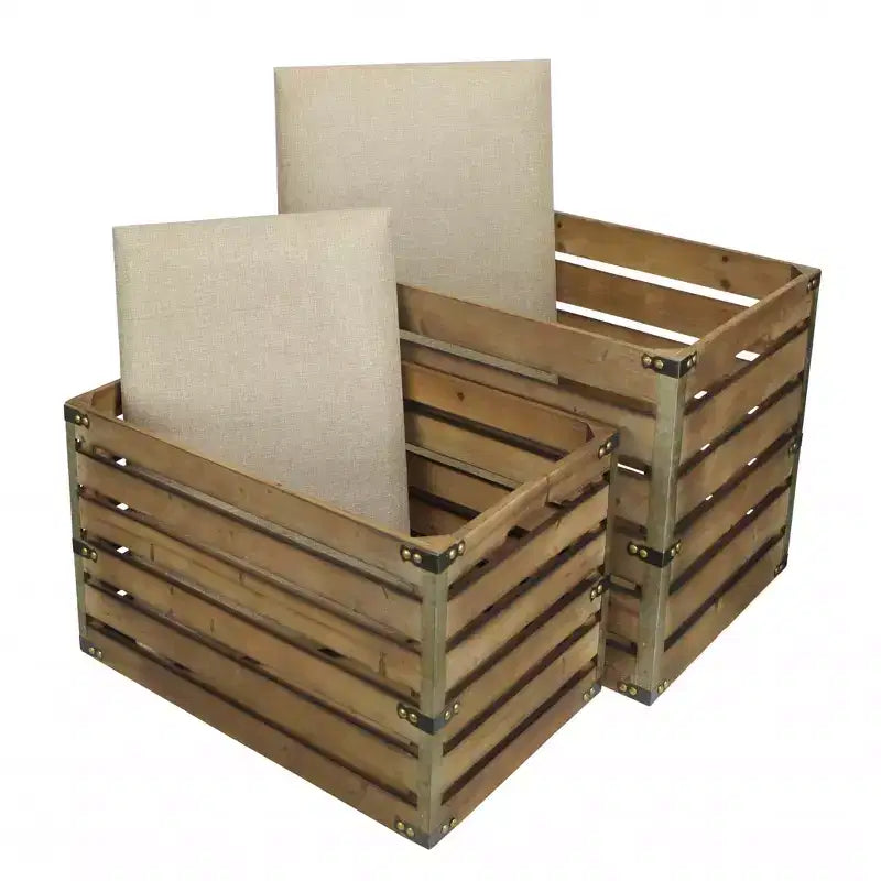 HomeRoots Juego de dos bancos de almacenamiento marrones de lamas de madera y tapicería con tapa abatible