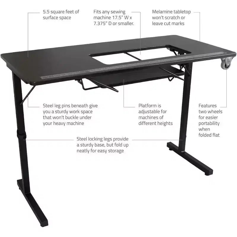 Mesa de costura plegable portátil SewingRite SewStation 101 con patas de acero, negra - Perfecta para el hogar, la oficina y los negocios