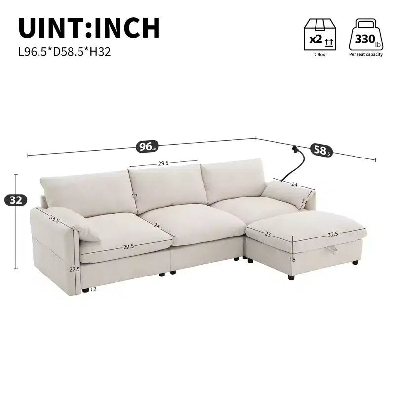 Sofá Seccional de Chenilla Grande Whisen con Otomana de Almacenamiento y Bolsillos, Soporte de Teléfono Ajustable y Puertos de Carga
