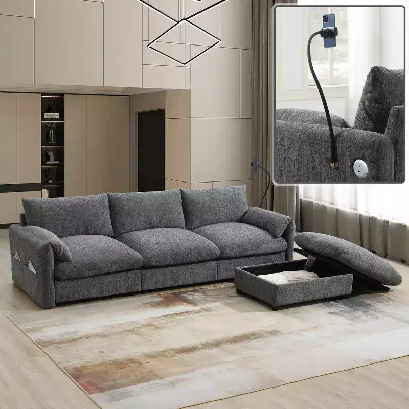 Sofá Seccional de Chenilla Grande Whisen con Otomana de Almacenamiento y Bolsillos, Soporte de Teléfono Ajustable y Puertos de Carga