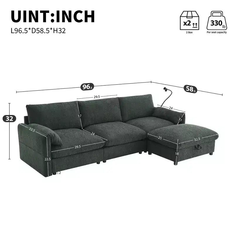 Sofá Seccional de Chenilla Grande Whisen con Otomana de Almacenamiento y Bolsillos, Soporte de Teléfono Ajustable y Puertos de Carga