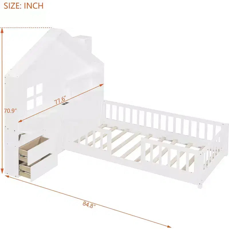 Cama juvenil de estilo cabaña, individual/matrimonial, con plataforma, cajones laterales, estantes, un juego de enchufes y puerto USB, color blanco-ModernLuxe