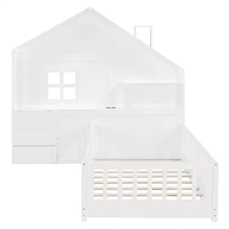 Cama juvenil de estilo cabaña, individual/matrimonial, con plataforma, cajones laterales, estantes, un juego de enchufes y puerto USB, color blanco-ModernLuxe