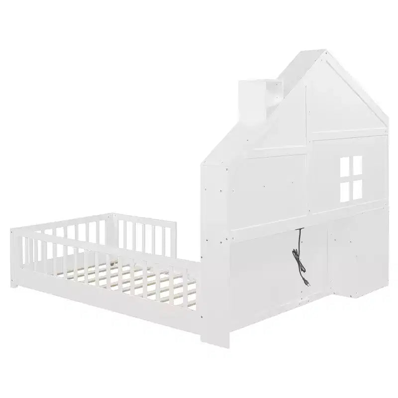 Cama juvenil de estilo cabaña, individual/matrimonial, con plataforma, cajones laterales, estantes, un juego de enchufes y puerto USB, color blanco-ModernLuxe