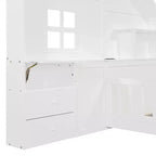 Cama juvenil de estilo cabaña, individual/matrimonial, con plataforma, cajones laterales, estantes, un juego de enchufes y puerto USB, color blanco-ModernLuxe