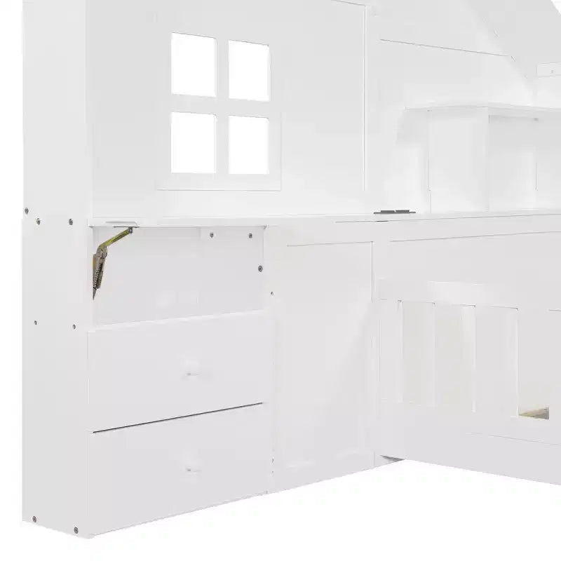 Cama juvenil de estilo cabaña, individual/matrimonial, con plataforma, cajones laterales, estantes, un juego de enchufes y puerto USB, color blanco-ModernLuxe