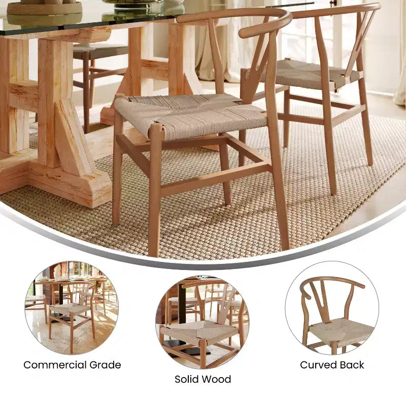 Silla de Comedor Apilable Merrick Lane con Diseño de Respaldo en Y, Estructura de Madera Maciza, Asiento de Cuerda de Papel Kraft Tejido