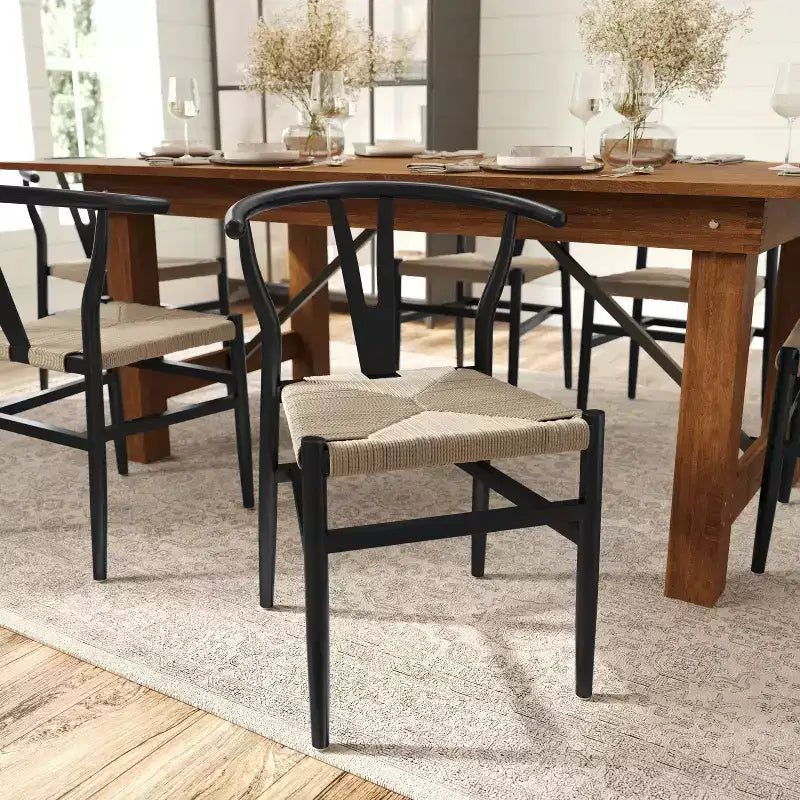 Silla de Comedor Apilable Merrick Lane con Diseño de Respaldo en Y, Estructura de Madera Maciza, Asiento de Cuerda de Papel Kraft Tejido