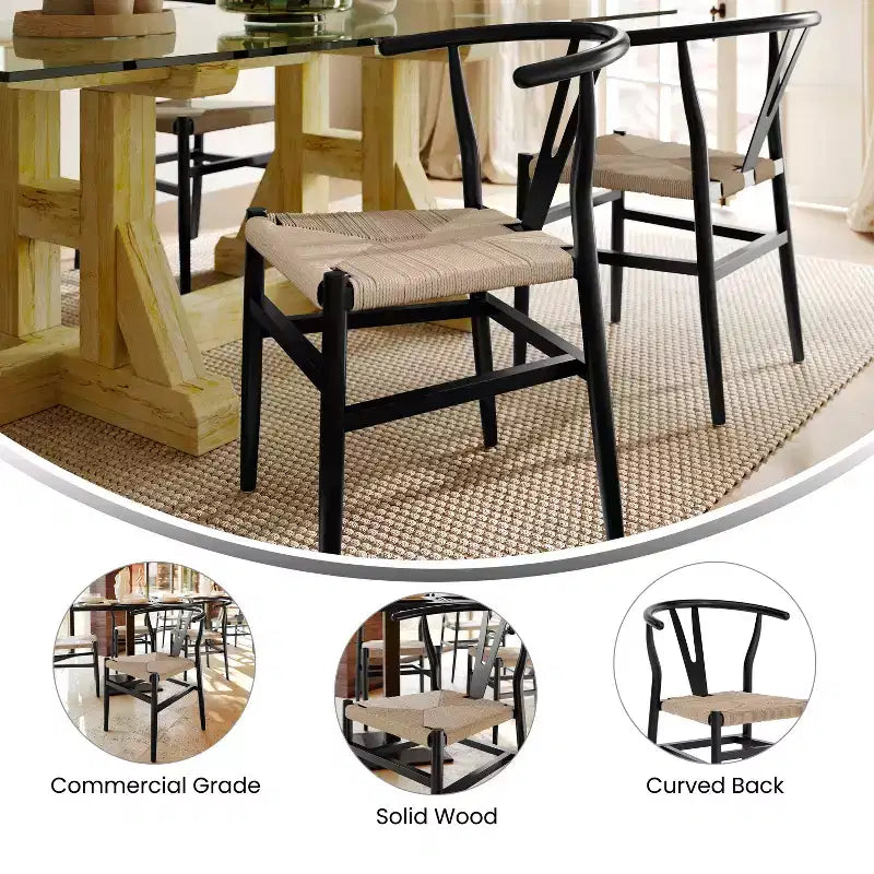 Silla de Comedor Apilable Merrick Lane con Diseño de Respaldo en Y, Estructura de Madera Maciza, Asiento de Cuerda de Papel Kraft Tejido