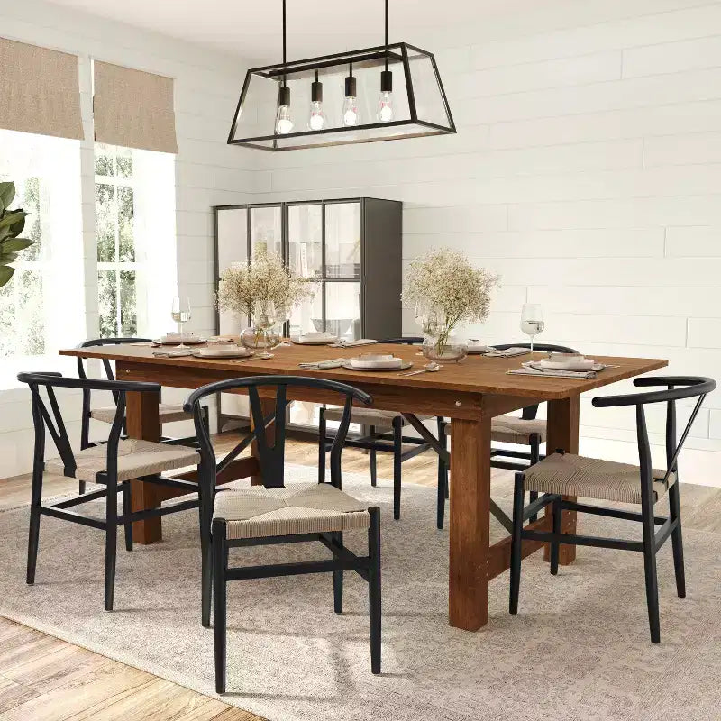 Silla de Comedor Apilable Merrick Lane con Diseño de Respaldo en Y, Estructura de Madera Maciza, Asiento de Cuerda de Papel Kraft Tejido