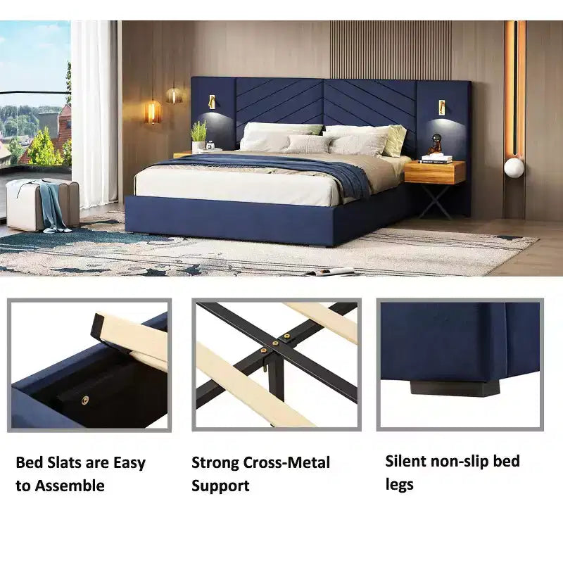 GDFStudio Salome Juego de muebles de dormitorio de terciopelo de 3 piezas con dos mesitas de noche LED