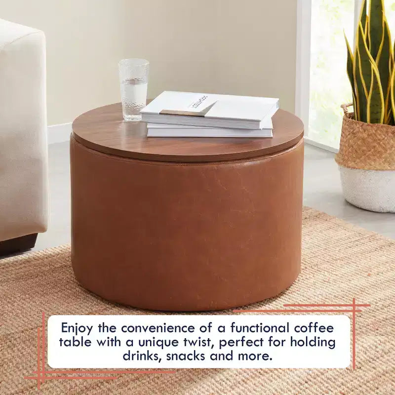 Puf otomano Ornavo Home de 22 pulgadas redondo grande para almacenamiento y mesa de centro