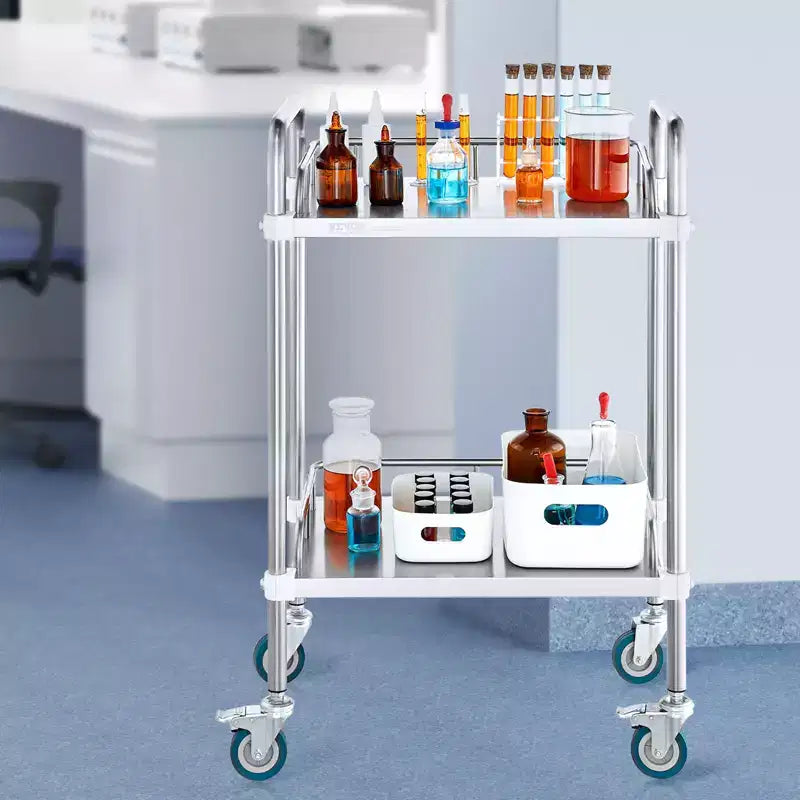 Carrito rodante de laboratorio VEVOR, carrito rodante de acero inoxidable de 2 estantes, carrito de servicio de laboratorio con ruedas giratorias, carrito utilitario dental, 15.16x21.57x34.06