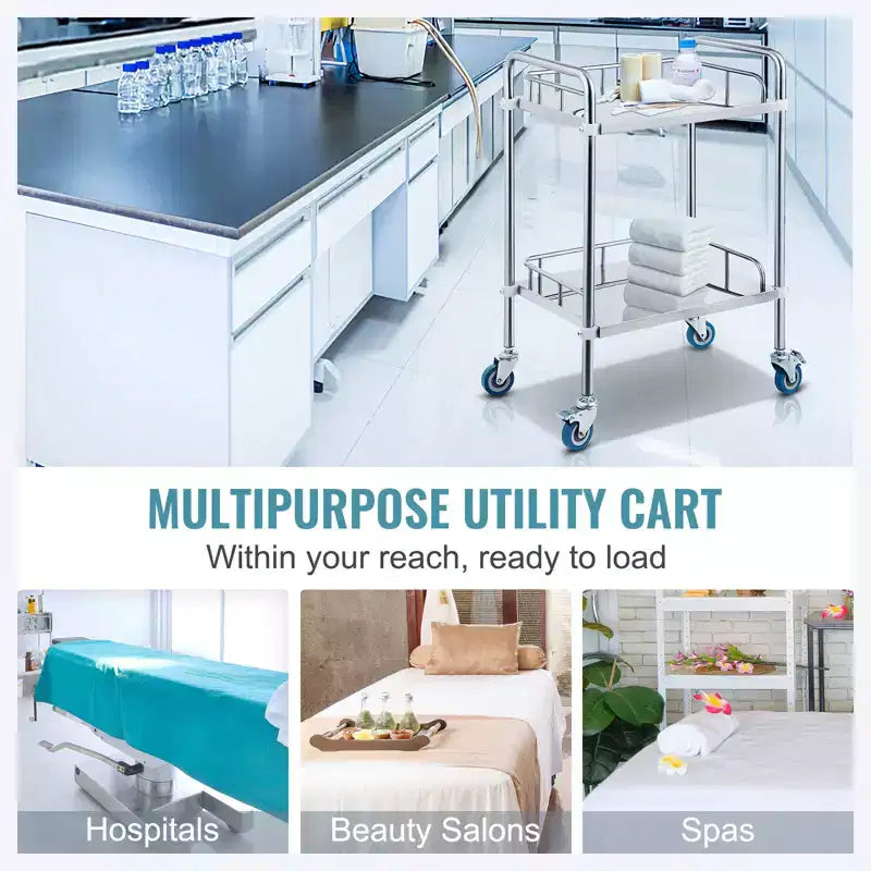 Carrito rodante de laboratorio VEVOR, carrito rodante de acero inoxidable de 2 estantes, carrito de servicio de laboratorio con ruedas giratorias, carrito utilitario dental, 15.16x21.57x34.06