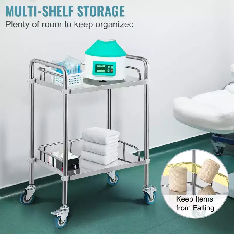 Carrito rodante de laboratorio VEVOR, carrito rodante de acero inoxidable de 2 estantes, carrito de servicio de laboratorio con ruedas giratorias, carrito utilitario dental, 15.16x21.57x34.06
