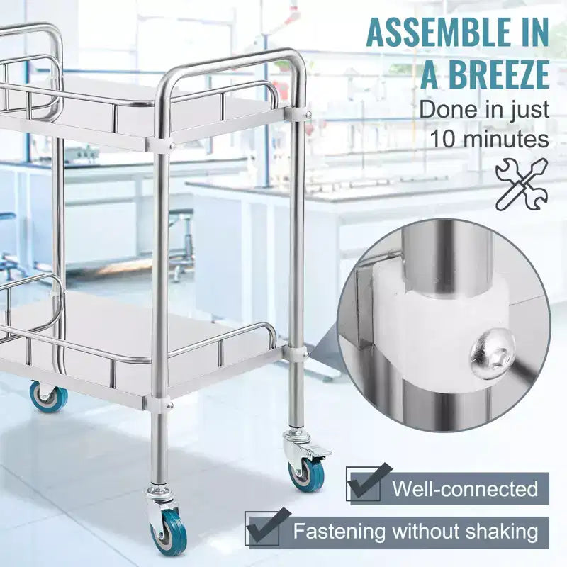 Carrito rodante de laboratorio VEVOR, carrito rodante de acero inoxidable de 2 estantes, carrito de servicio de laboratorio con ruedas giratorias, carrito utilitario dental, 15.16x21.57x34.06