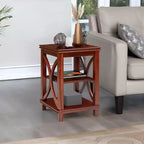 eHemco Sofá cuadrado de madera maciza, mesa auxiliar con diseño en X, mesa auxiliar con estantes de almacenamiento, cerezo