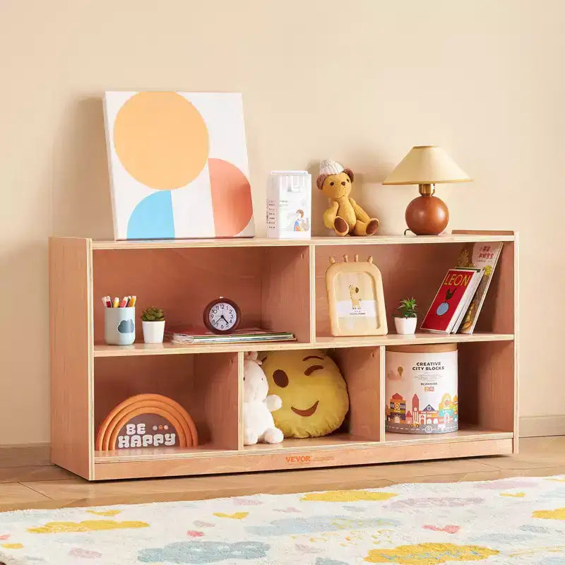 Armario de almacenamiento móvil VEVOR Cubby, armario de almacenamiento Cubby de 5 compartimentos, armario de almacenamiento Cubby de 2 estantes, cubículos para el aula, Natural