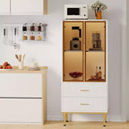 Armario de almacenamiento estriado moderno con puerta de cristal y 2 cajones, estantes ajustables, detalles dorados, construcción de MDF para cocina, sala de estar, oficina