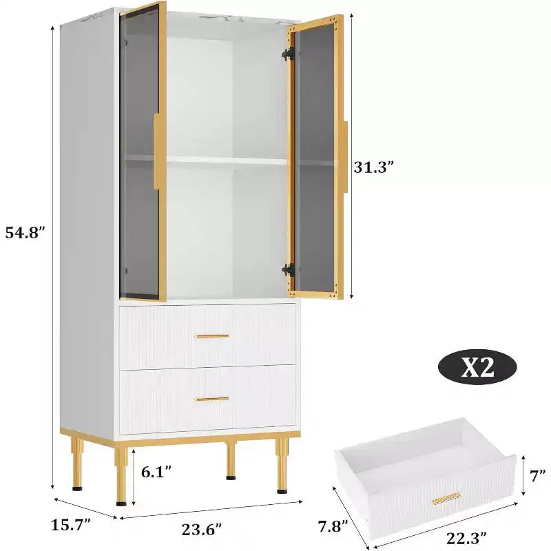 Armario de almacenamiento estriado moderno con puerta de cristal y 2 cajones, estantes ajustables, detalles dorados, construcción de MDF para cocina, sala de estar, oficina